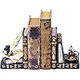 Bellaa 26324 Vintage Bookends Wizard Feather Quill Pen and Ink Bottle with Oil Lamp Antique Style Farmhouse Cottage Lodge Magic Home Decor