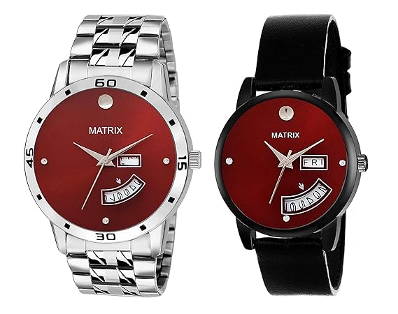 Bae-Redux Collection Day and Date Maroon Black Couple Watch (BAE-10)
