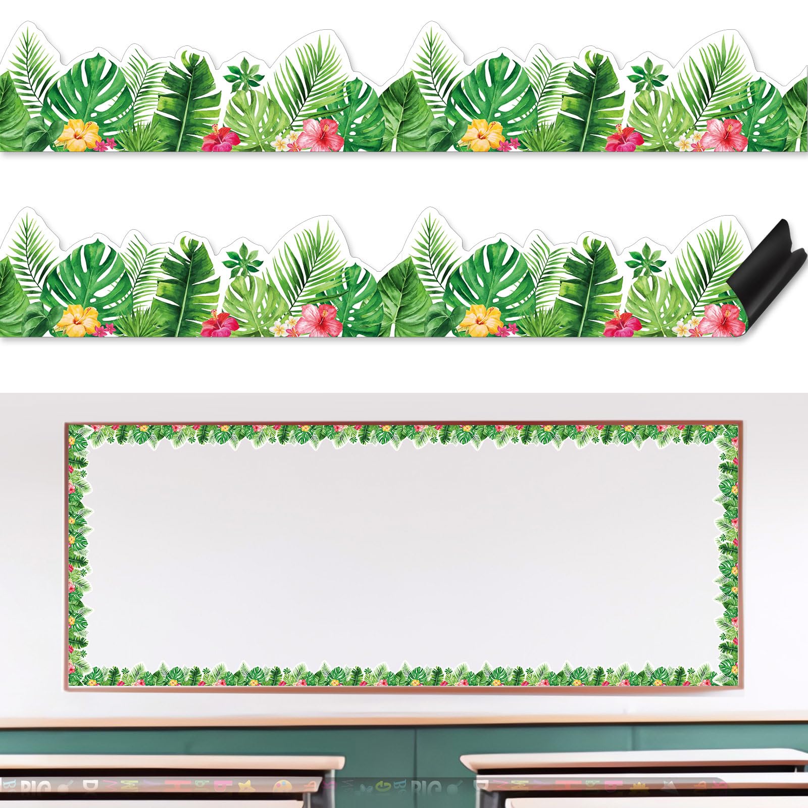 Photo 1 of Sinload 24 Pcs Boho Magnetic Borders Tropical Leaves Bulletin Board Border Trim Bulletin Board Decorations for Back to School Classroom Office Whiteboard Wall Decor(Greenery)