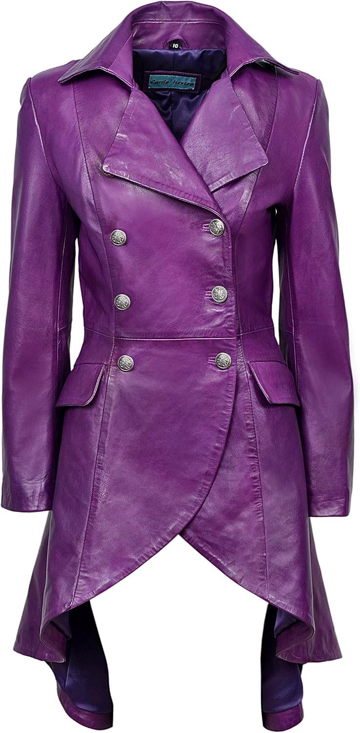 Edwardian Ladies Women Purple Washed Real Leather Laced Back Jacket