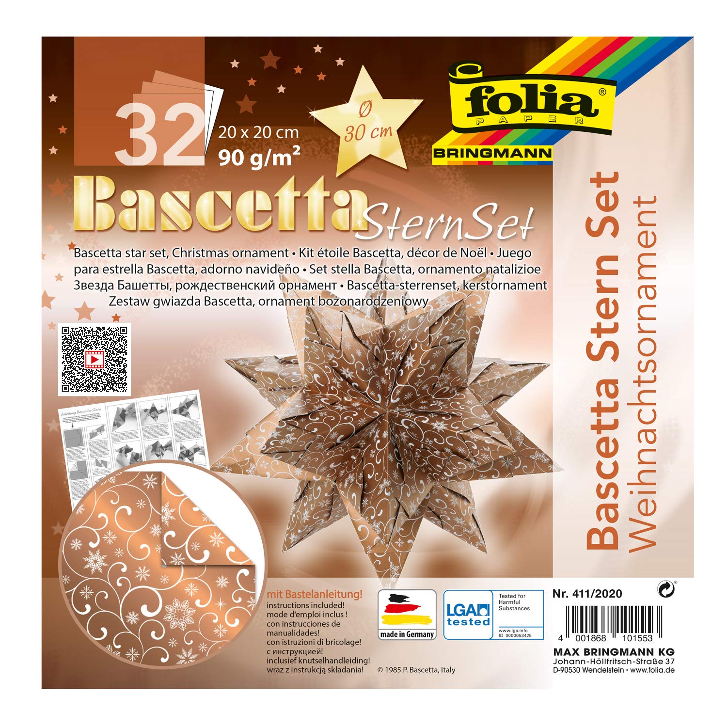 Folia 411/2020 Bascetta Star Christmas Ornament, Copper/White, 32 Sheets, 20 x 20 cm, Finished Size of Paper Star Approx. 30 cm, with detailed instructions (cannot guarantee instructions are in English), ideal for timeless decoration.