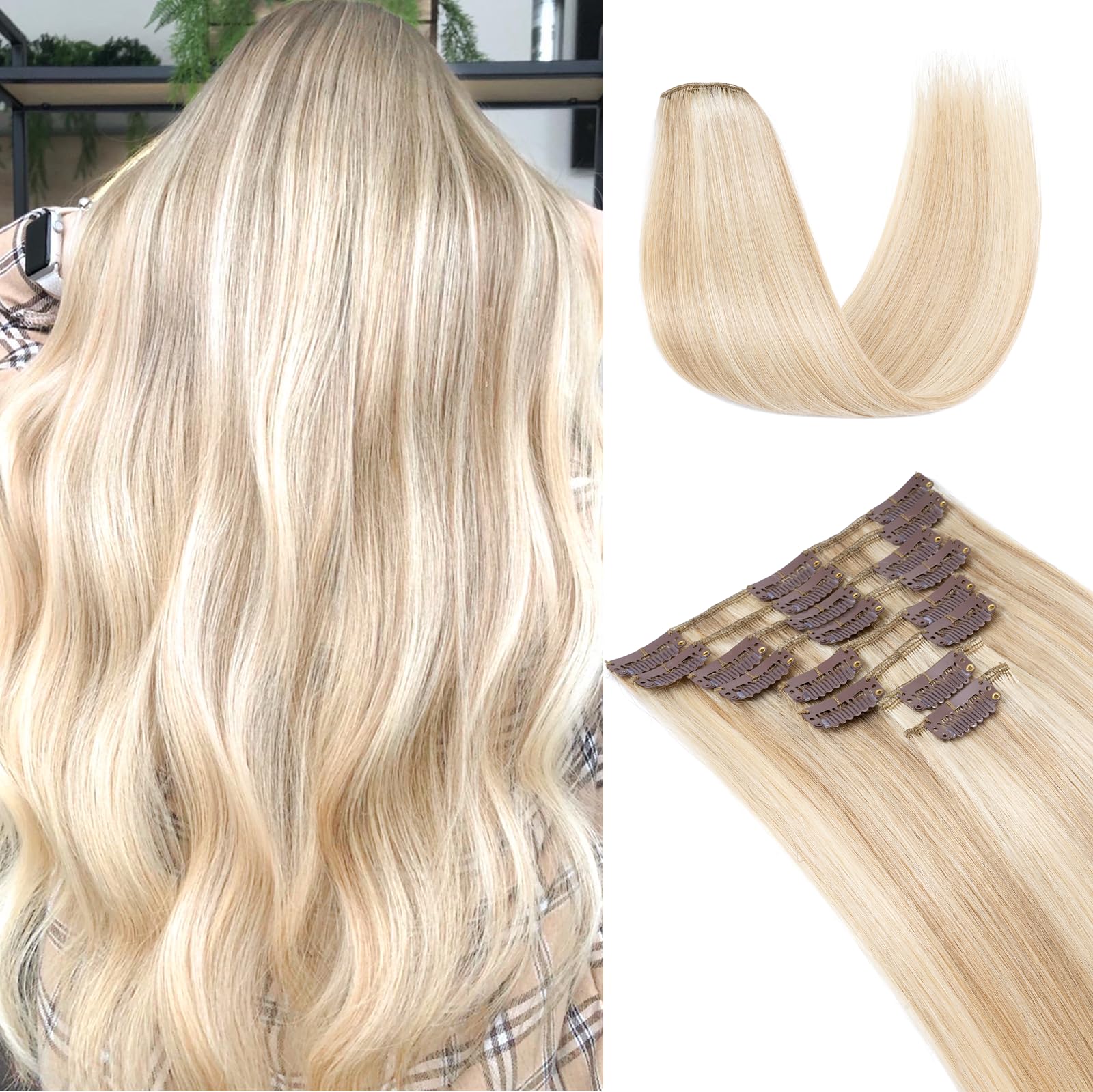 UK-Fashion-Shop Human Hair Extensions Clips in Real Hair Extension 8pcs 18 clips Long Straight Natural 8inch(45g)#18P613 Ash Blonde & Bleach Blonde — image 1