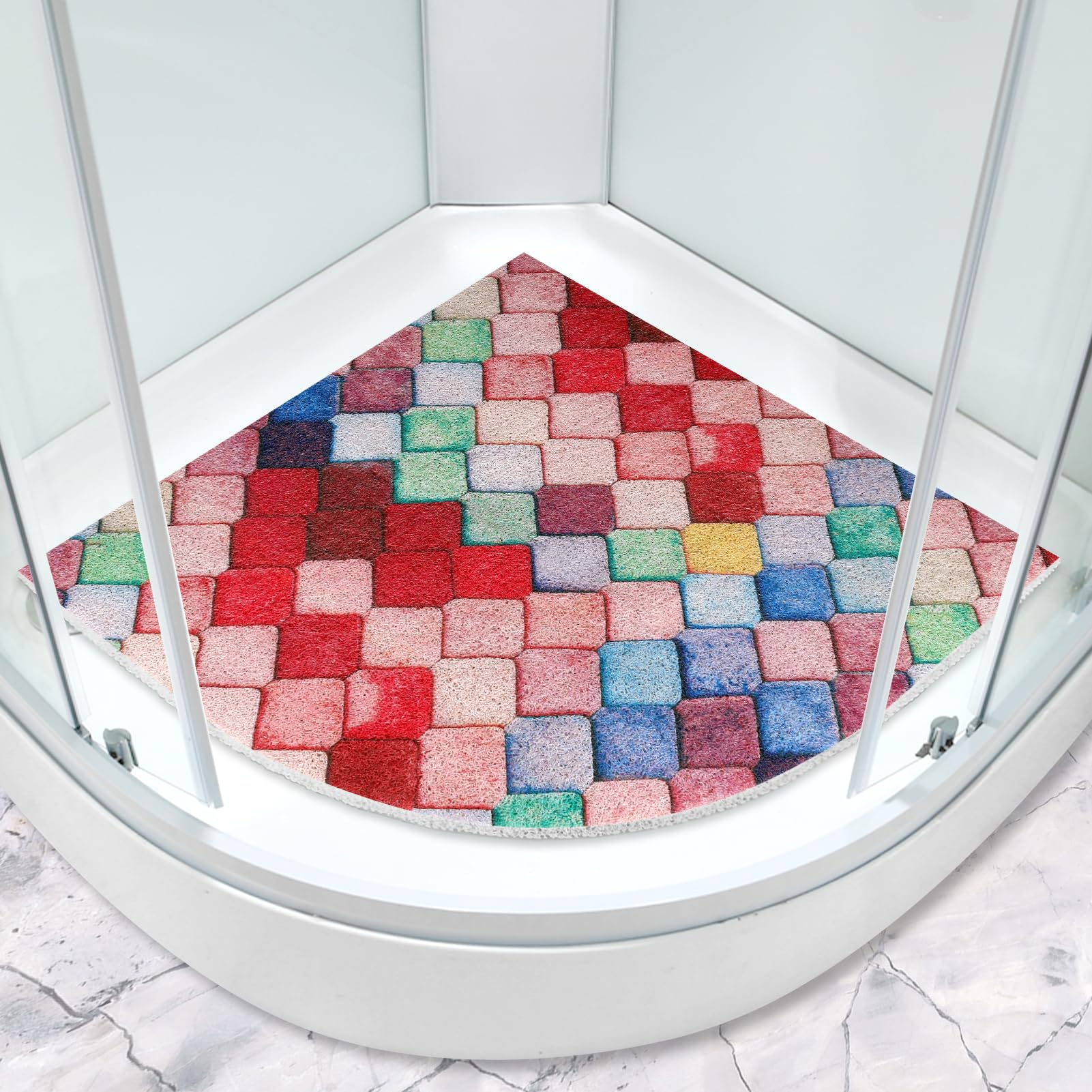 Large Corner Shower Mat Non Slip: 70x70cm Loofah Sector Bath Mat Non Slip Anti Mould for Inside Shower - Soft Textured with Drain Holes - Red Quadrant Shower Foot Scrubber Mat for Bathroom Floor Tray