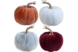 Winlyn Set of 4 Fall Velvet Artificial Pumpkins with Gold Stems Decorative Fabric Pumpkins in Burgundy Bronze Gray White Faux Foam Pumpkins 5" for Autumn Wedding Thanksgiving Halloween Mantel Décor