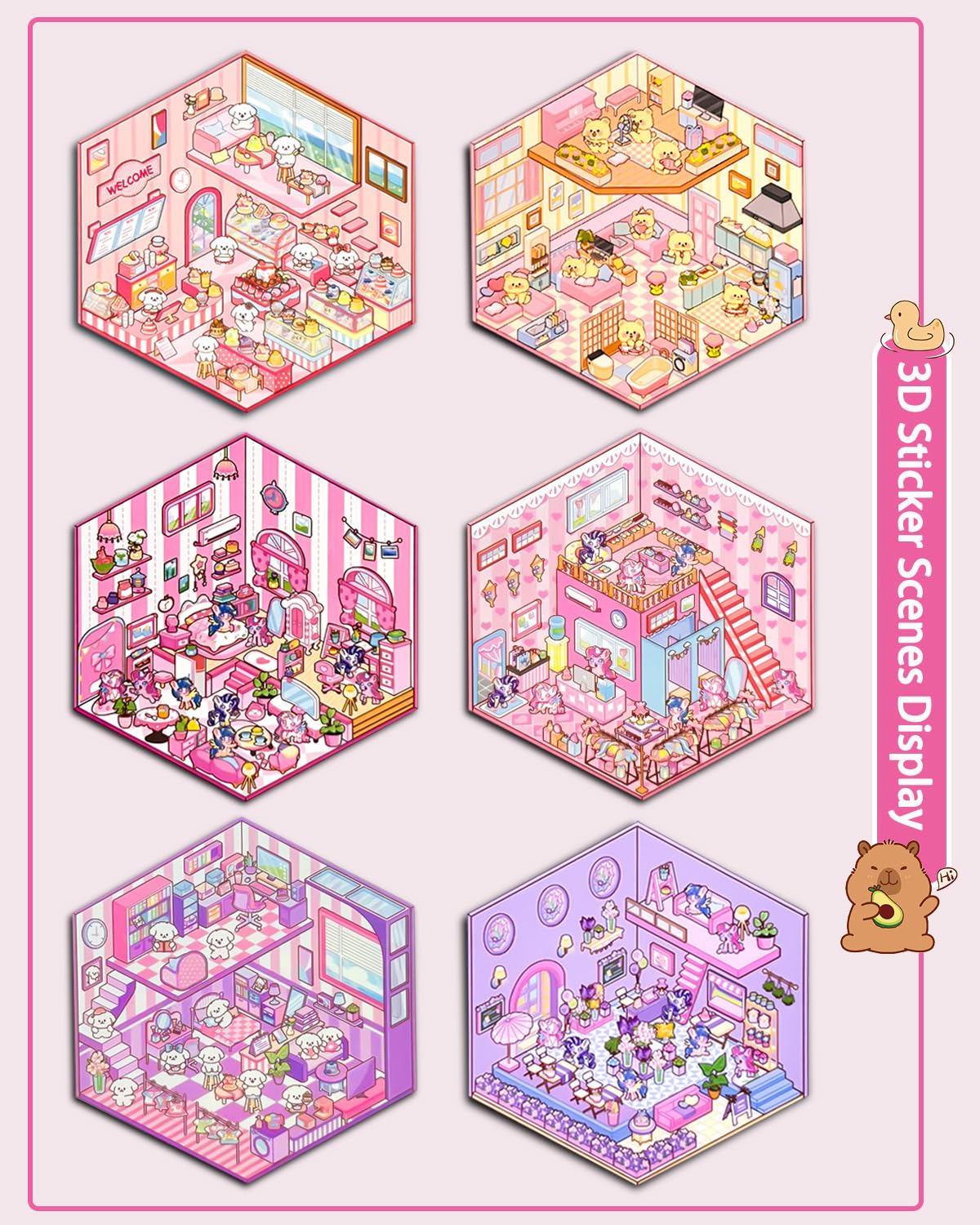 20 Sets DIY 3D Sticker Scene, Sticker Therapy Scenes Collection Book for Adults Stress Relief Pass The Time, Make Your Own House Miniature Cute Cartoon Animal Isometric Scene Funny Stickers for Kids