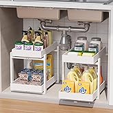 LONTAI Bamboo Wood Under Sink Organizer 2 Pack, Pull Out Cabinet Organizer 2 Tier Under Sink Organizers and Storage with Sliding Drawer Sturdy Easy Assembly for Kitchen Bathroom (White)