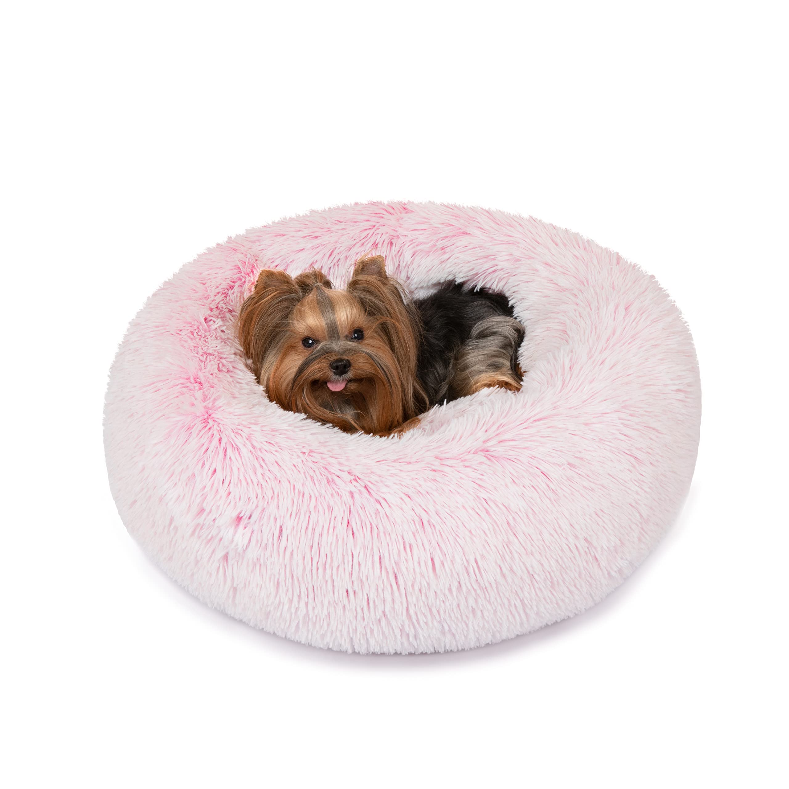Friends Forever Donut Dog Bed Faux Fur Fluffy Calming Sofa For Small Dogs, Soft & Plush Anti Anxiety Pet Couch For Dogs, Machine Washable Coco Pet Bed with Non-Slip Bottom, 23"x23"x6" Pink Image
