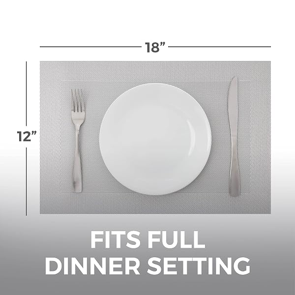 HOME GENIE HEAT RESISTANT PLACEMATS, DINING ROOM TABLE MATS, PROTECT SURFACES, WOVEN PLACEMAT SETTING FOR DINNER, WASHABLE VINYL FOOD GRADE MAT, KITCHEN DECOR ACCESSORIES, SET OF 4, SIZE 18X12, SILVER