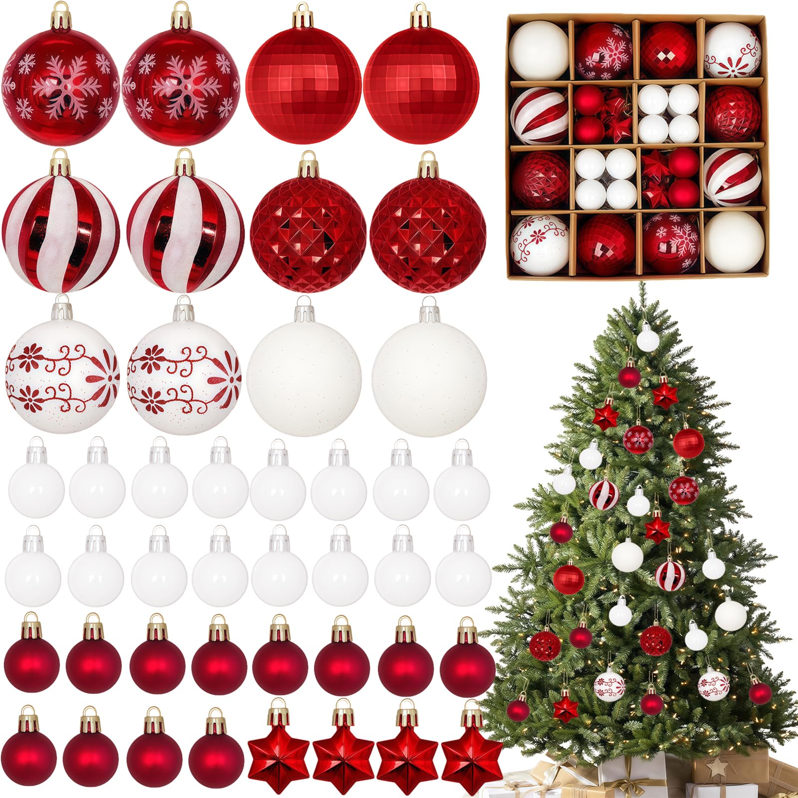 44pcs Christmas Baubles Tree Decorations,Red White Xmas Ball Ornaments 3cm 6cm Mini Baubles Hanging Ball Plastic Christmas Bauble for Xmas Tree Decorations,Home Party,Wedding Decor