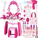 Toddler Vanity Kids Vanity Table and Chair Set, Girls Makeup Table with Mirror Lights &amp; Music, Pretend Play Dress Up Toys with Hair Dryer, Princess Crown &amp; Wand, Storage Bag, Gifts for Girls Age 3 4 5