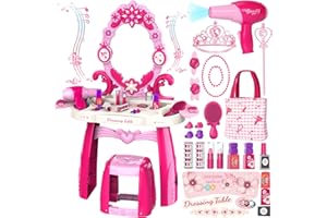 COCOJECI Toddler Vanity Kids Vanity Table and Chair Set, Girls Makeup Table with Mirror Lights & Music, Pretend Play Dress Up Toys with Hair Dryer, Princess Crown & Wand, Storage Bag, Gifts for Girls Age 3 4 5