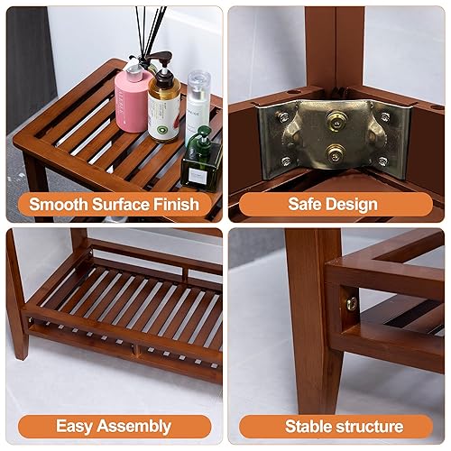 Zoopolyn Bamboo Shower Bench Seat with Storage Shelf Shower Stool