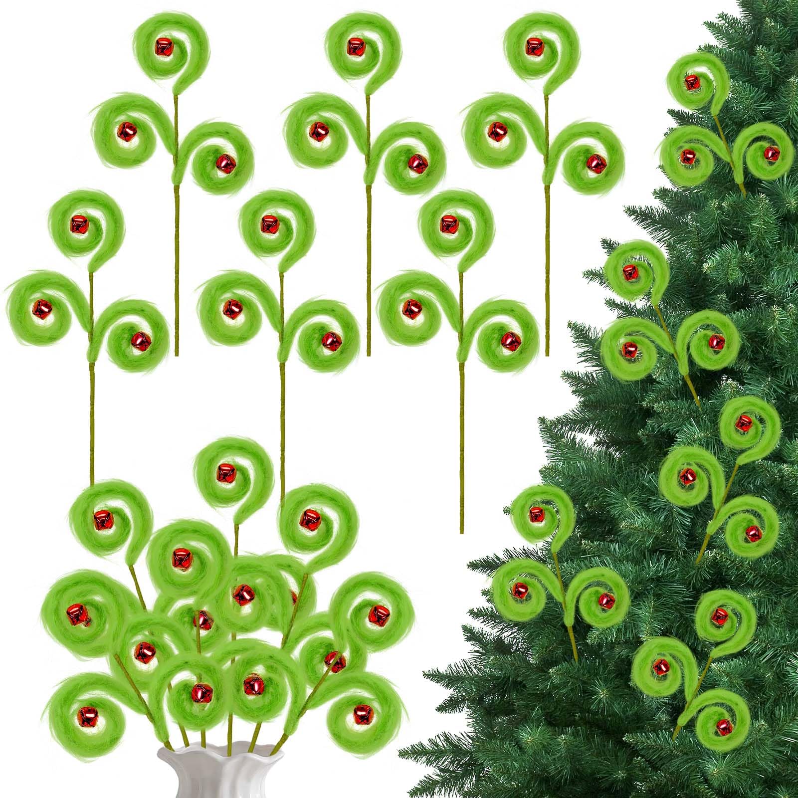 Photo 1 of 6 PCS Green Furry Christmas Tree Picks, ULENDIS 17 inch Spiral Curly Sprays Ornaments with Bells, Xmas Artificial Stems for Christmas Tree Topper Filler Branches Home Wreath Party Decorations Gifts