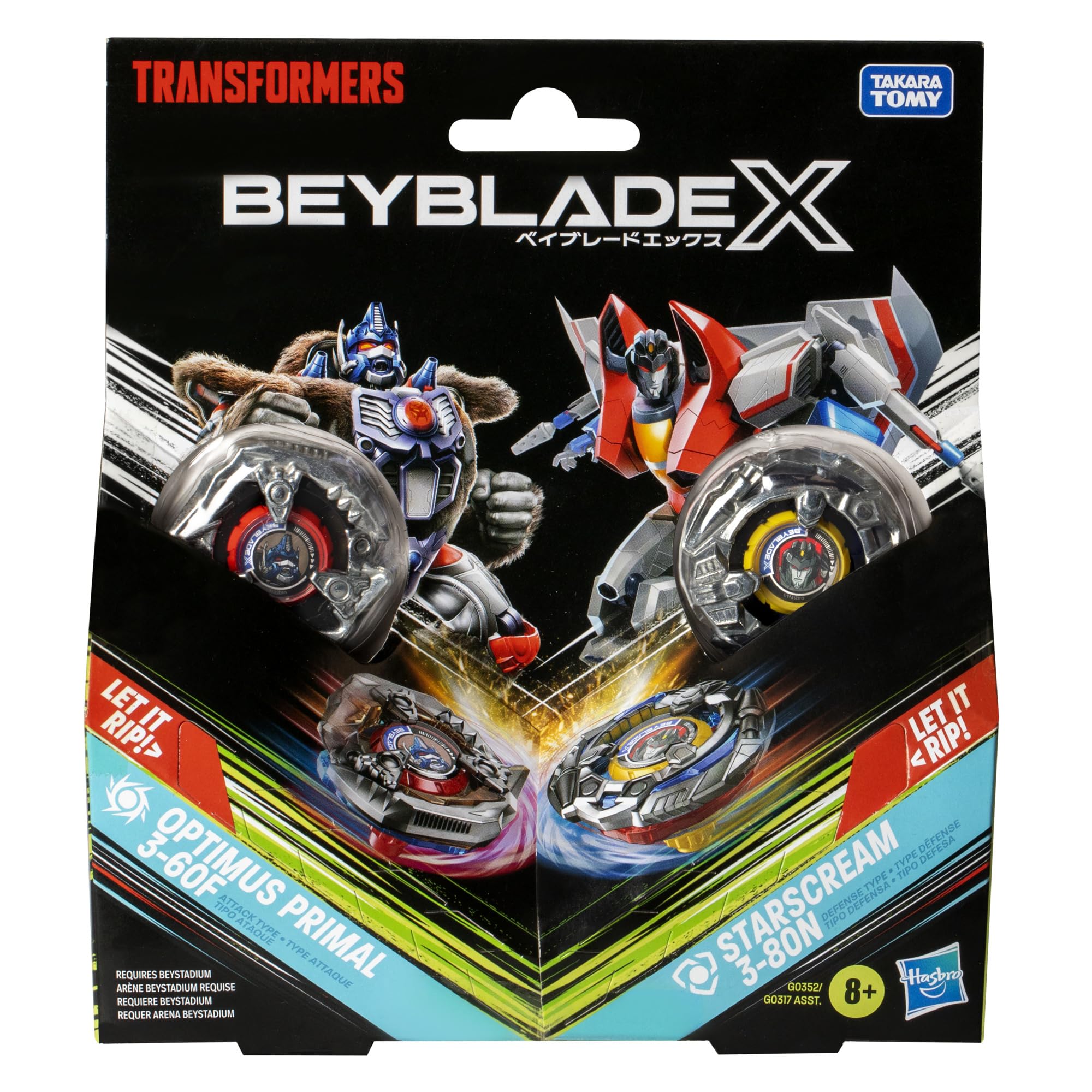 Beyblade X Transformers Collab Optimus Primal 3-60F vs. Starscream 3-80N Multipack Set with 2 Tops & 2 launchers; Battling Top Toys for 8 Year Old Boys & Girls (Amazon Exclusive)