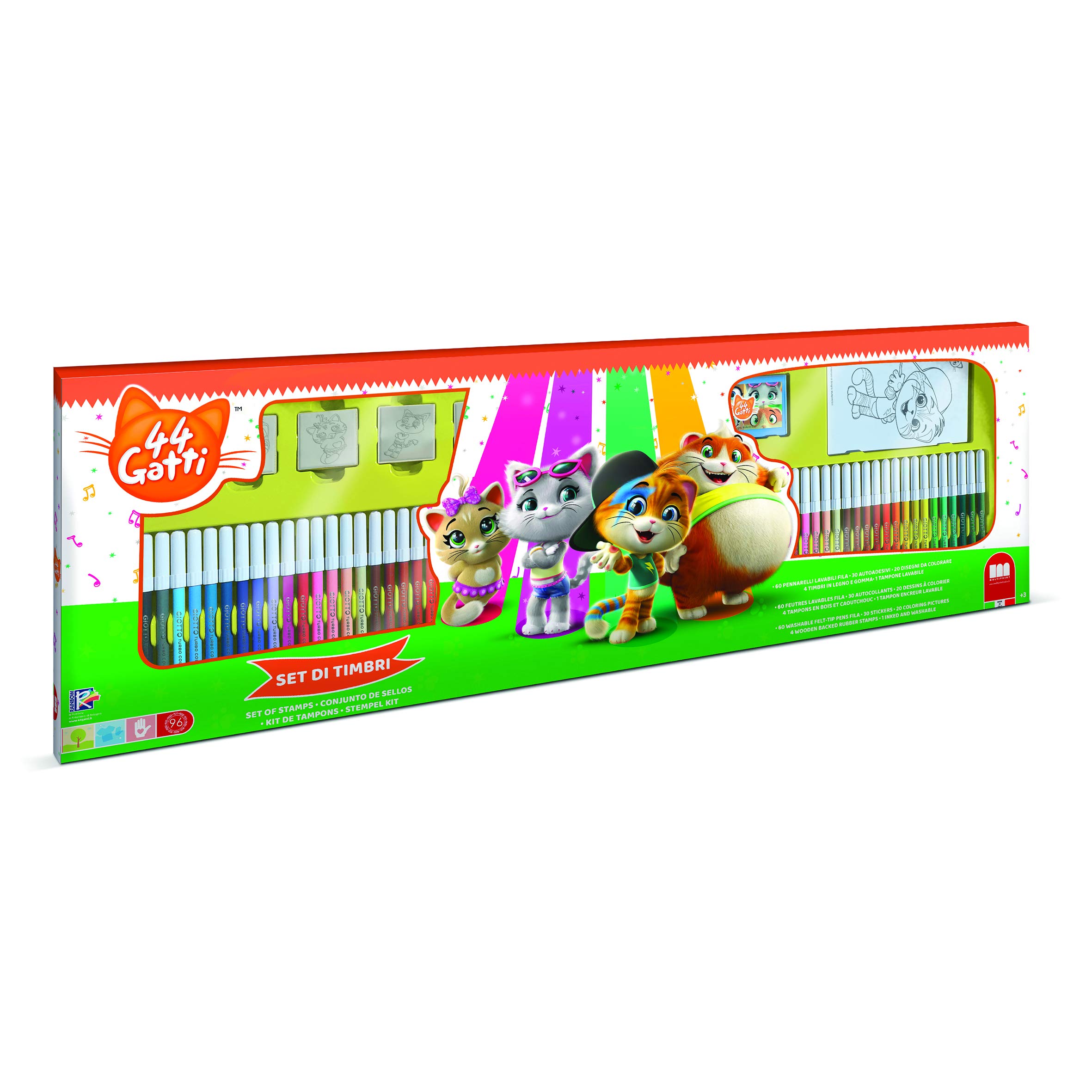 Multiprint Set 4 Stamps for Kids and 60 Coloured Pens 44 Gatti, Made in Italy, Stamps for Children, in Wood and Natural Rubber, Non-toxic Washable Ink, Gift Idea, art.18986