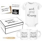 Pregnancy Announcement for Grandparents, Baby Reveal Ideas Gifts - Promoted to Grandma & Grandpa Coffee Mug Set, Sweet Little Blessing Baby Onesie, Wooden Positive Pregnancy Test, Baby Reveal Card