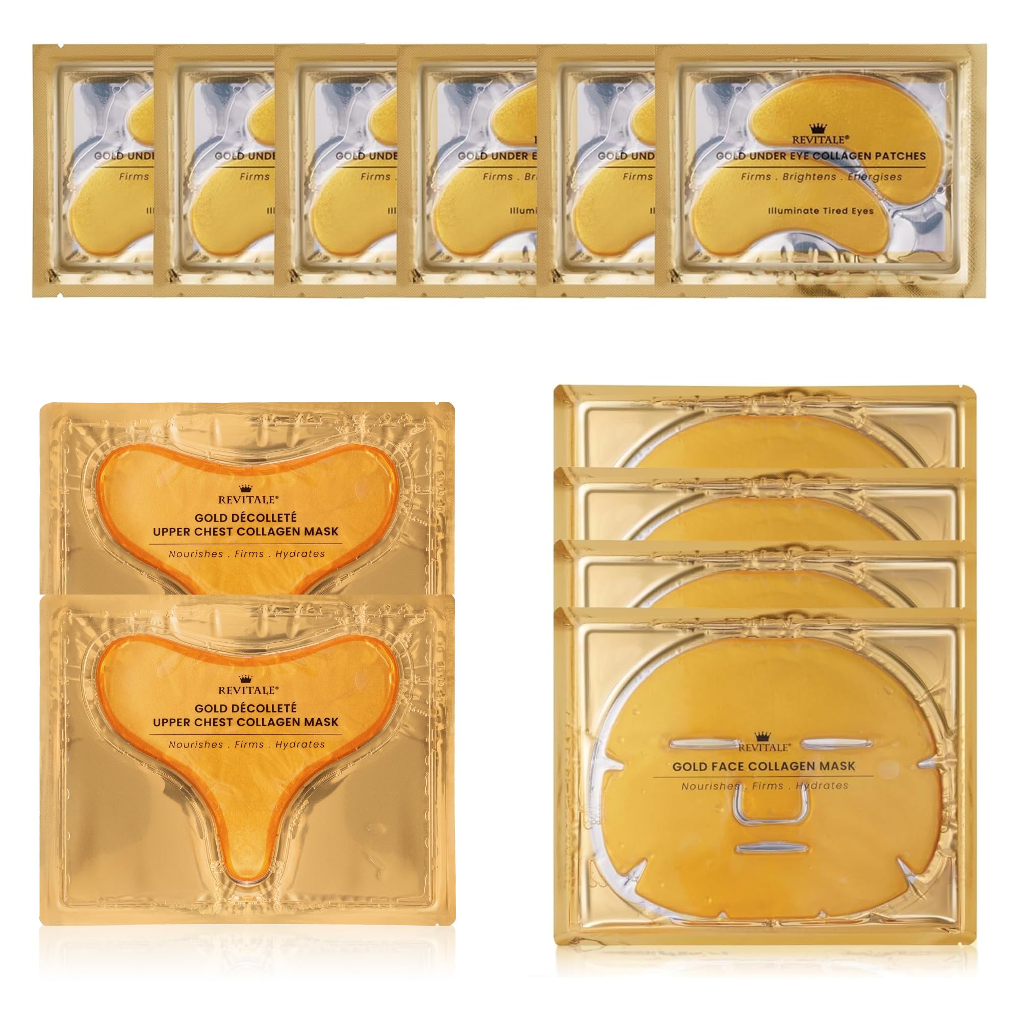 Revitale Gold Masks Collagen Beauty Pack - 6 Under Eye Gels - 4 Face Sheets - 2 Upper Chest Masks