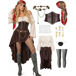 9 PCS Pirate Costume Women Set, Skirt Renaissance Halloween Outfit