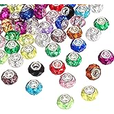 HARFINGTON 100Pcs 14mm Large Hole Acrylic Beads Mix Color European Loose Round Faceted Rhinestone Craft Bead for DIY Bracelet Necklace Jewelry Making
