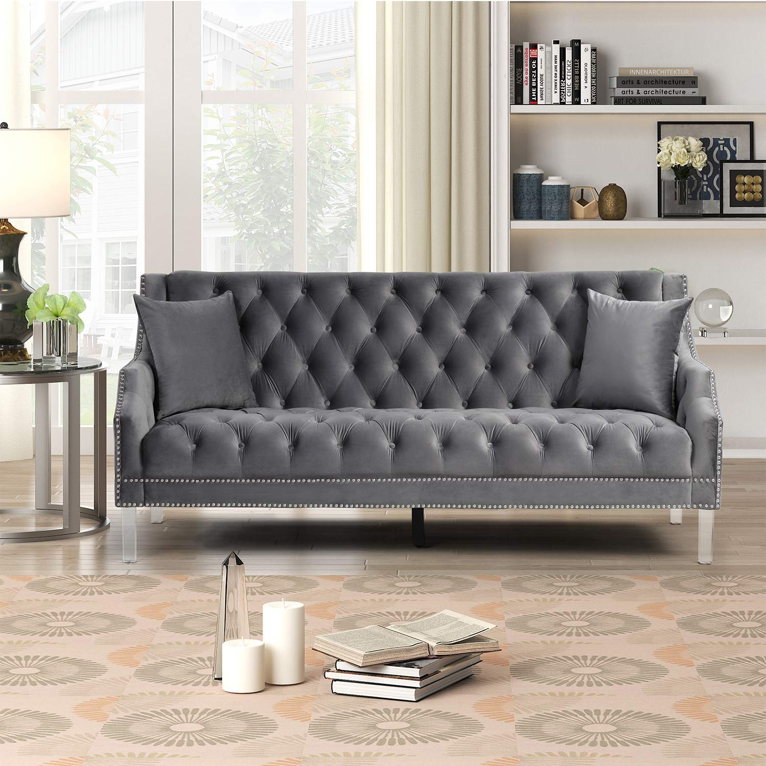 Morden Fort Living Room Couches Fabric Dutch Velvet, Sofa, Velvet Grey with Acrylic Couch Legs