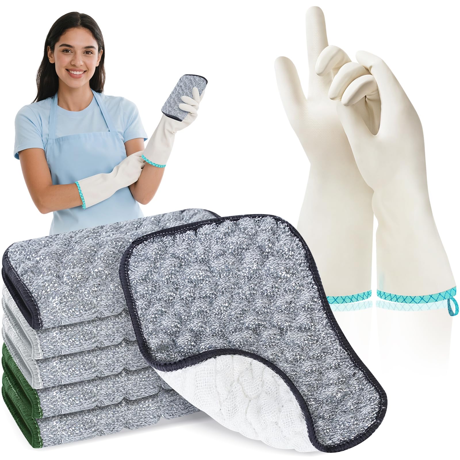 XIBIGEYE Upgrade 3-in-1 Non Scratch Wire Dishcloth with Nitrile Gloves, 7 Pack Multipurpose Kitchen Home Cleaning Rags Kit Replaces Steel Wool Scrubber for Cookware, Sink, Dishes, Stove Top - S