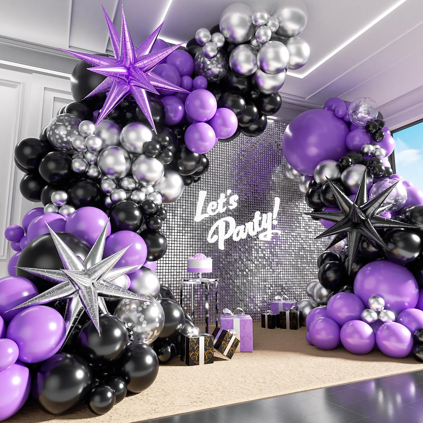Photo 1 of 125pcs Purple and Black Balloon Garland Arch Kit, Sliver Confetti Metallic Purple Balloons for Graduation Halloween Birthday Party Decorations