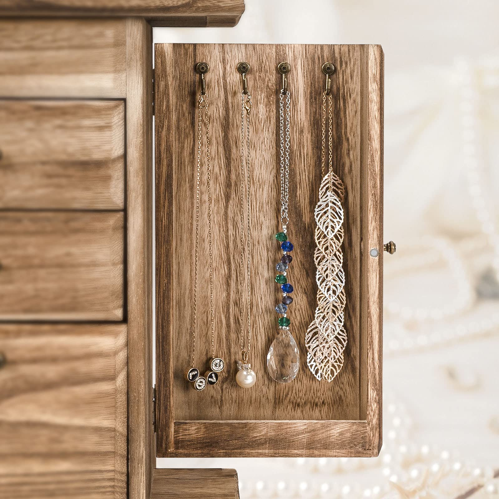 Emfogo Emfogo Jewelry Box for Women, Rustic Wooden Jewelry Boxes & Organizers with Mirror, 4 Layer Jewelry Organizer Box Display for Rings Earrings Necklaces Bracelets (Rustic Brown)