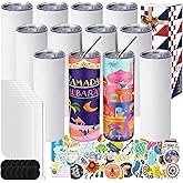 ROTERSTEIN 12 Pack 20 oz Sublimation Tumbler Set Double Walled Stainless Steel Skinny Straight Blank Tumbler Sublimation Cup with Lid, Straw, Shrink Wrap, Rubber Base for Heat Transfer Heat Press