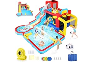 AKEYDIY 10-in-1 Inflatable Bounce House Water Slide 14.6FT x11.5FT with Pool, Jump Area, Water Slide, Climbing Wall, 2 Water Gun & 620W Blower – Big Backyard Fun Splash Adventure for Kids