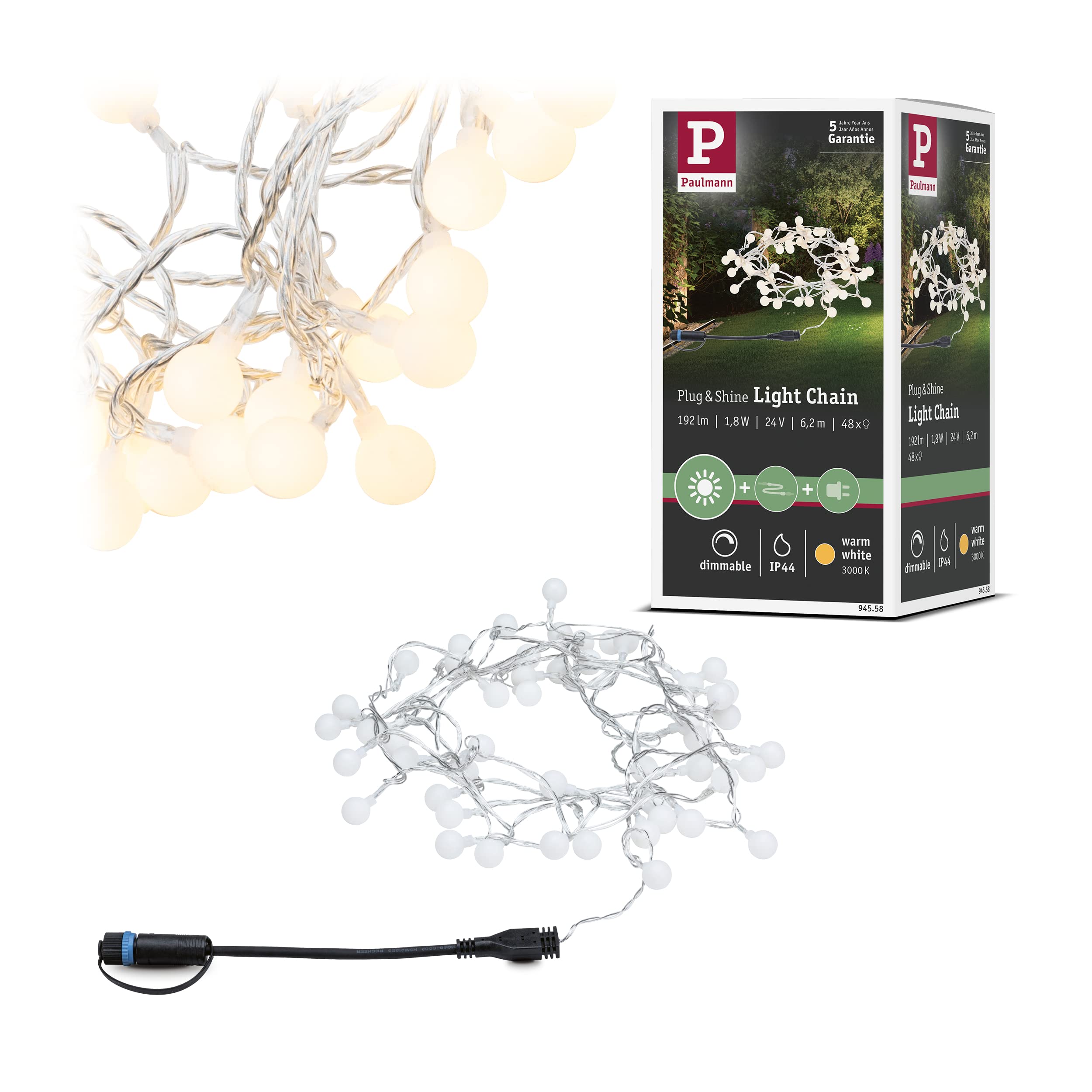 Paulmann 94558 Plug & Shine LED Outdoor Light Chain IP44 Warm White dimmable Black Plastic 3000 K