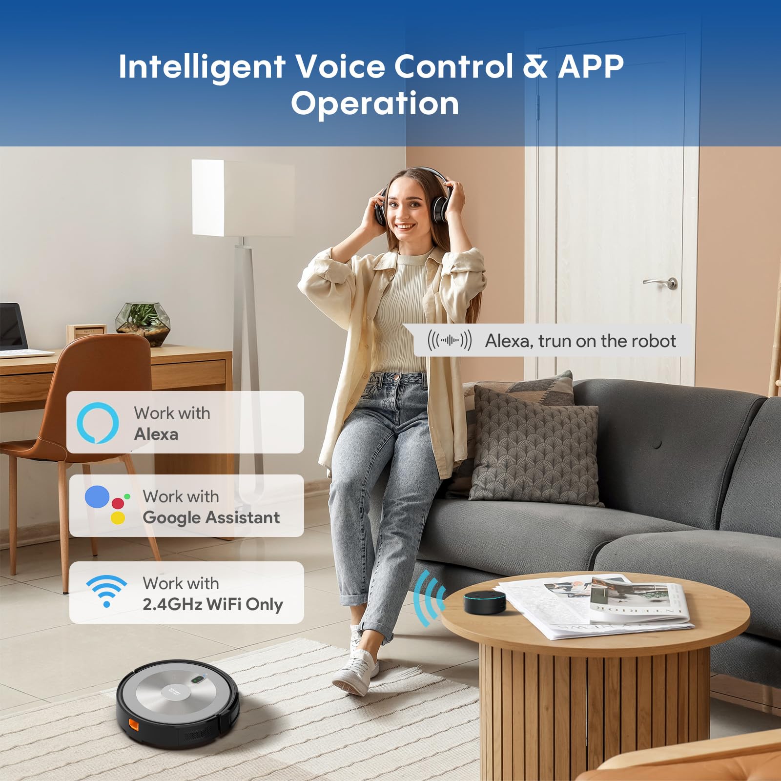 Robot Vacuum Cleaner - 2-in-1 Robot Vacuum and Mop Combo, 2500Pa Suction, Smart Navigation, Alexa & Google Assistant Compatible, Auto Recharge, Anti-Fall, Pet Hair Removal, Z-Shape Cleaning Mode - Image 8