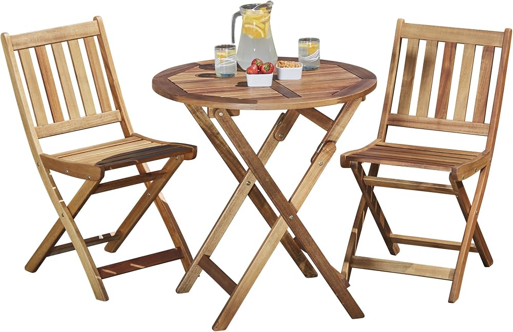 Garden Life Wooden Bistro Set - Folding Patio Table & 2 Chairs - Acacia