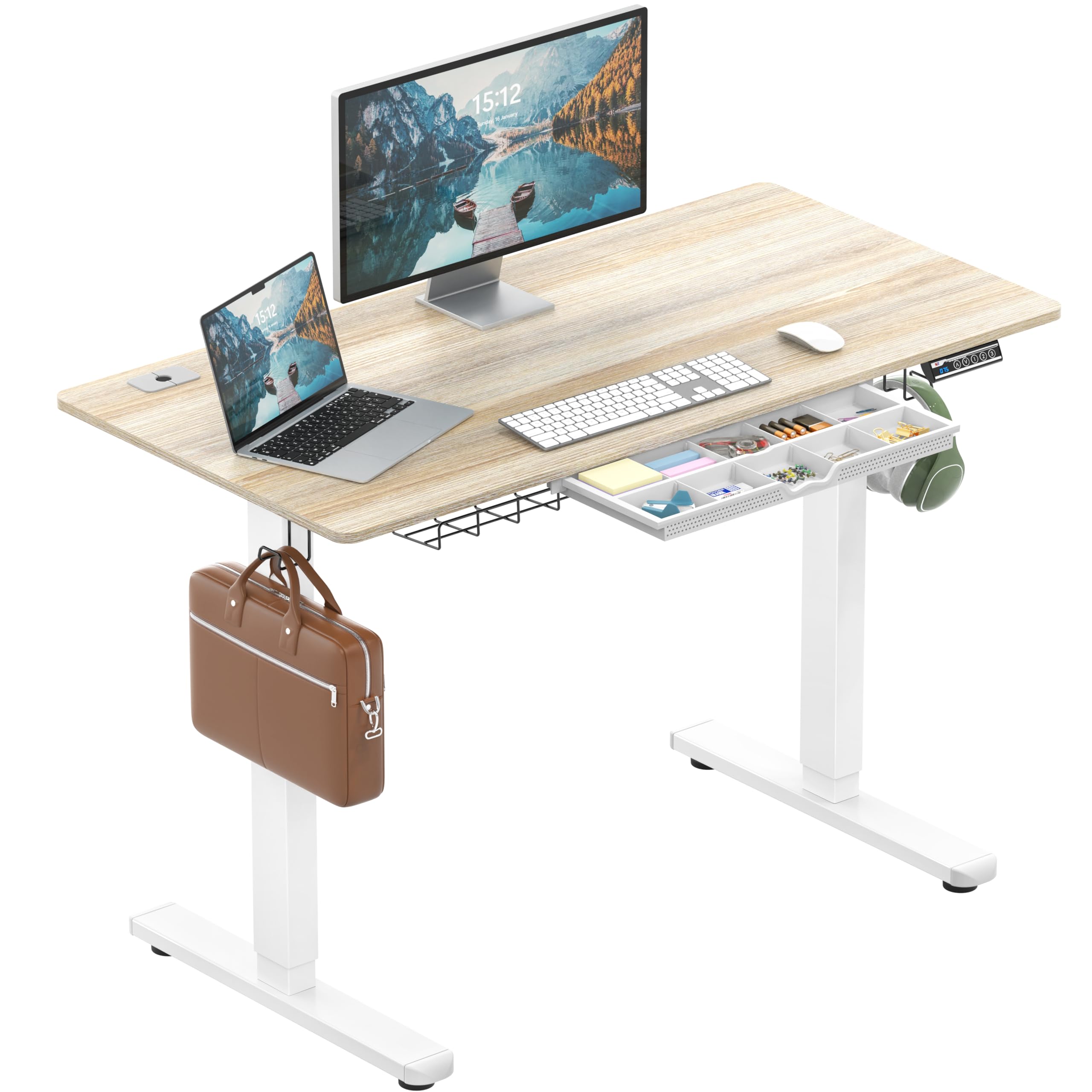 Photo 1 of (MISSING CONTROLLER) SHW 48-Inch Electric Height Adjustable Standing Desk with Drawer, Memory Preset and Cable Management Tray, Maple