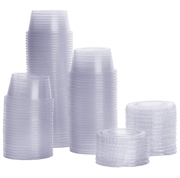 [100 Sets 2 oz.] Plastic Portion Cups With Lids, Souffle Cups, Jello Shot Cups (Color Clear
