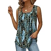 Saloogoe Summer Tank Tops for Women Loose Fit Pleated Square Neck Sleeveless Tops Curved Hem Flowy