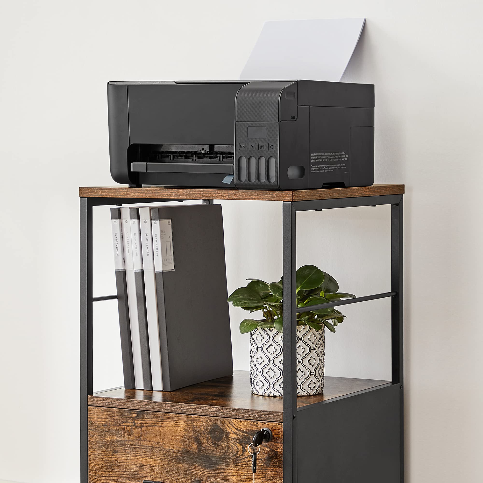 VASAGLE 1 Drawer File Cabinet with Lock, Printer Stand, Office Filing Cabinet Organizer, for A4 and Letter Size Documents, Rustic Brown and Black UOFC044B01