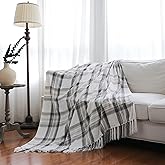 IKATYARN Farmhouse Plaid Chenille Throw Blanket, Velvety Grey Taupe and Ivory White Decorative Tartan Throw with Fringe, 50 x 60 Inches, Gray Tan Beige
