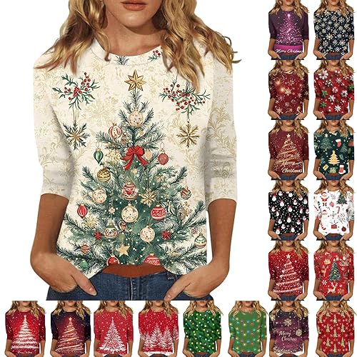 Christmas Long Sleeve Shirt for Women,Christmas Jumper 2025 for Women UK Ladies Funny Xmas Sweatshirts Plus Size Sweater Women's Clothing Tops Fashion Print Pullover Fall Winter Outfits