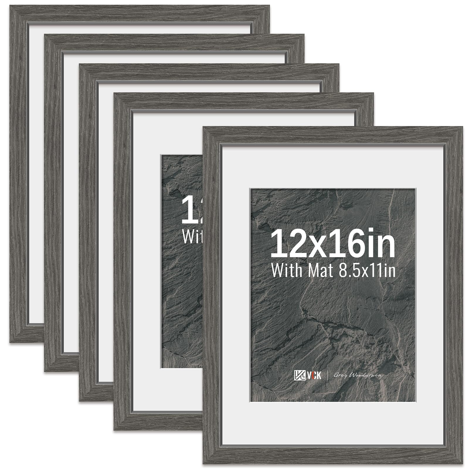 VCK 12x16 Picture Frame 5 Pack - Grey, High-End Wood Poster Frames with Tempered Glass, Display 8.5x11 Photo with Mat or 12x16 without Mat, Art Gallery-Quality, Wall Hanging, Grey Image