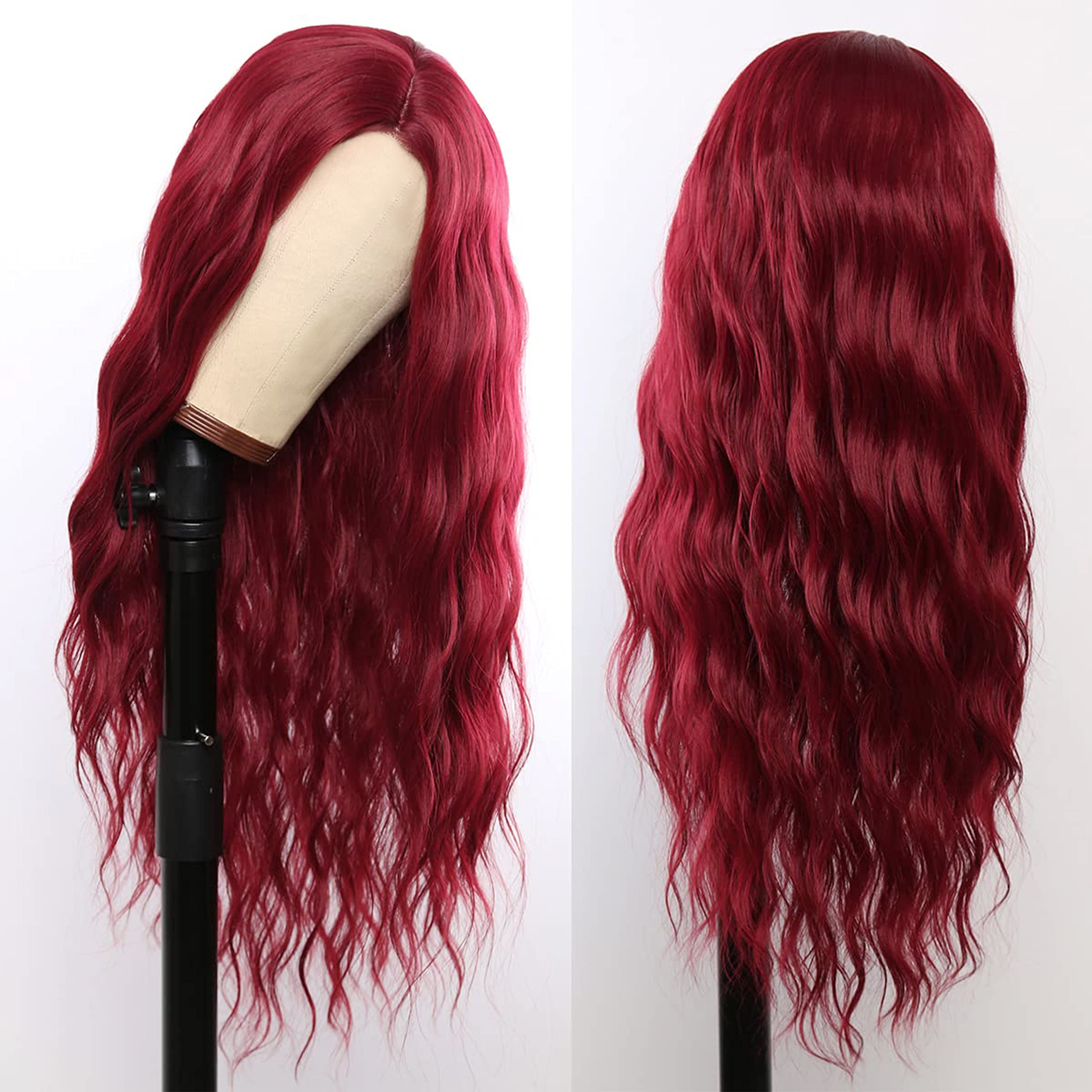MEIRIYFA Long Curly Wavy Wigs for Women Wine Red Long Water Wavy Wig Middle Part with No Bangs Natural Looking Synthetic Hair Wigs