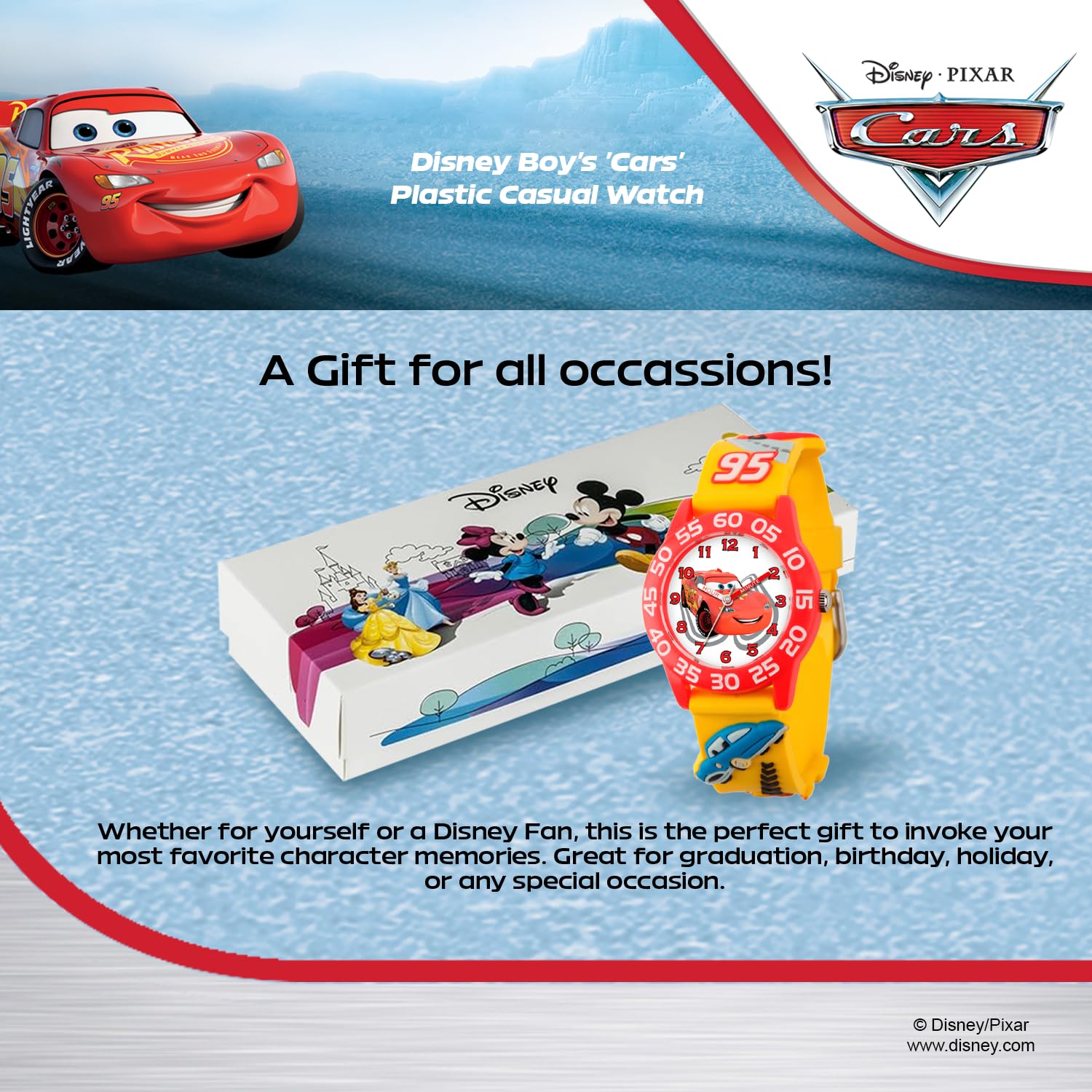 Disney Pixar Cars Lightning McQueen Watch for Kids - Boys Watch - Toddler Watches - Kids Toys Boys Toddler - for Teen - Red Bezel - 3D Yellow Strap