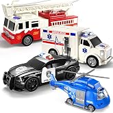 TEMI Emergency Vehicle Toys, Ambulance, Fire Truck, Police Car, Helicopter | Lights and Sounds, Friction Powered Car Toy for Kids Ages 3-5, Birthday Gifts for Boys Girls 3 4 5 6 7 8 Years Old