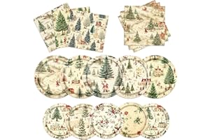 GREHUMOR Vintage Christmas Party Decorations Retro Christmas Paper Plates and Napkins Retro Santa Tree Red Berries Serve 20 for Winter Xmas Holiday Party Supplies