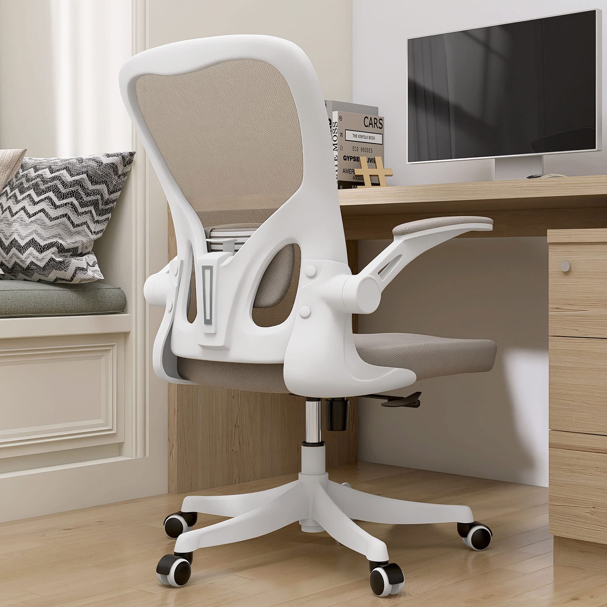 Photo 1 of Monhey Desk Computer Chairs - Ergonomic with Lumbar Support & Flip-up Arms Home Office Height Adjustable High Back Rockable Swivel 360° Warm Taupe Mesh Study Chair