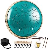 HOPWELL Steel Tongue Drum - 15 Note 12 Inch Tongue Drums - Percussion Instruments - Hand Pan Drum with Music Book, Drum Mallets and Carry Bag, D Major, Malachite Green