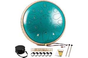 HOPWELL Steel Tongue Drum - 15 Note 12 Inch Tongue Drums - Percussion Instruments - Hand Pan Drum with Music Book, Drum Mallets and Carry Bag, D Major, Malachite Green