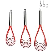 Flat Whisk Set,Stainless Steel 3 Pack 10''+11''+12'' Premium Sturdy-6 Silicone Heads Non Stick Wires Whisk for Blending Beating Stirring Kitchen Cooking Color Red by Jell-Cell