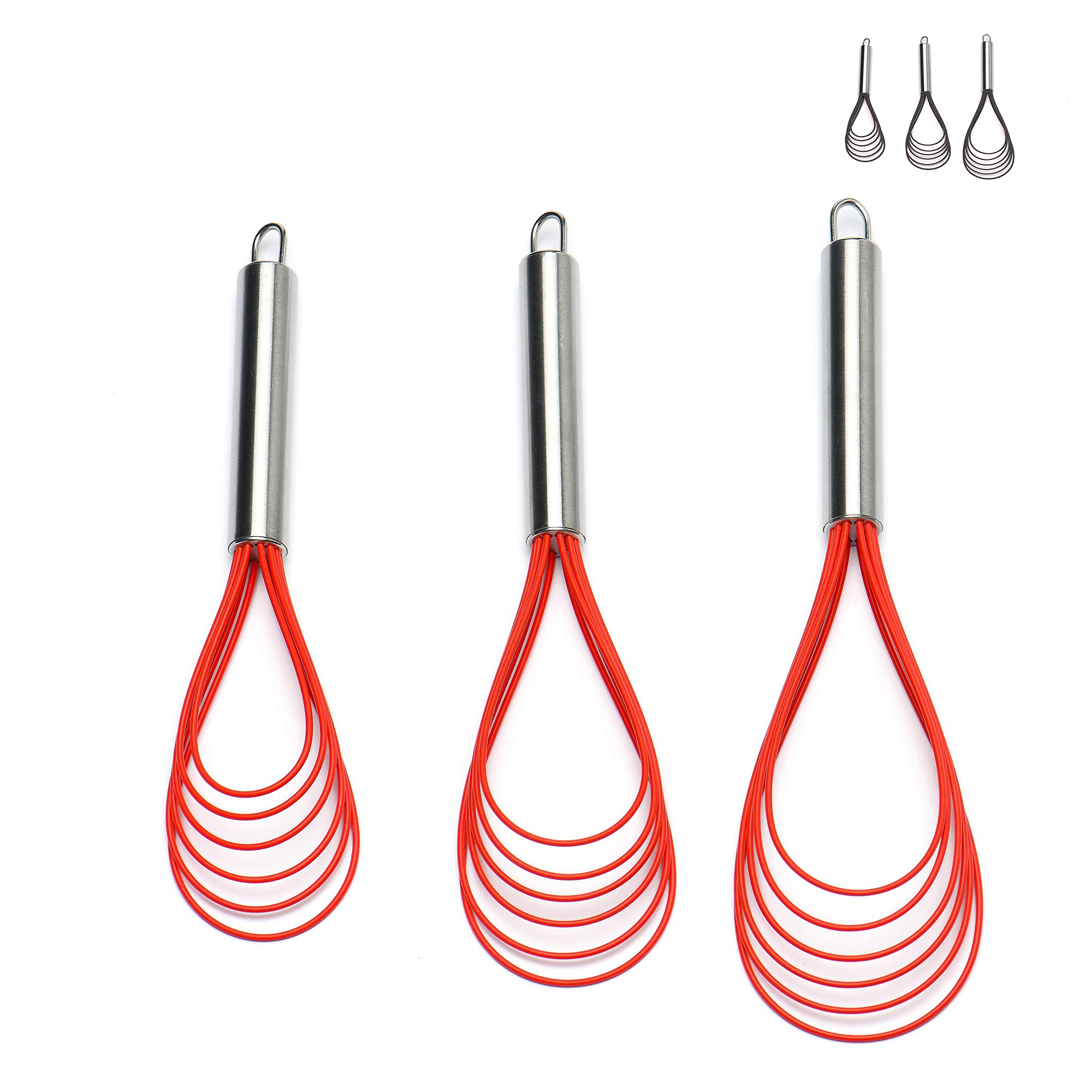 Jell-Cell Flat Whisk Set,Stainless Steel 3 Pack 10''+11''+12'' Premium Sturdy-6 Silicone Heads Non Stick Wires Whisk for Blending Beating Stirring Kitchen Cooking Color Red by