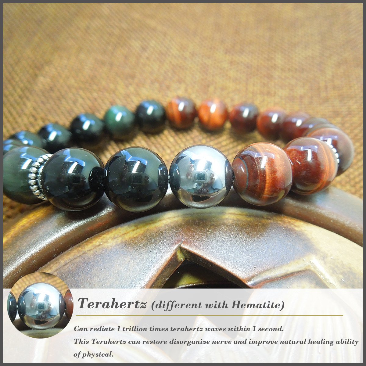 COLORFEY Mens Natural Gemstone Tiger Eye Terahertz Black Obsidian Energy Stone Buddhist Prayer Bracelet