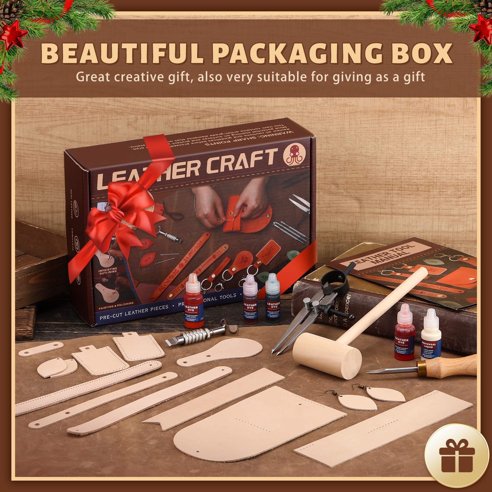 Leather Crafting Kit: Leather Working Tools and Supplies for DIY Craft Beginners Stamping Dyeing Carving Sewing Edge Sealing with Video Tutorials for Earrings Wallet Keychain Wristband Bookmark